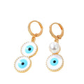 Gold Tone Asymmetric Pearl and Evil Eye Huggie Drop Earrings view 5