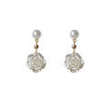 Pearl Stud Camellia Flower Drop Earrings Gold Bead Accent view 5