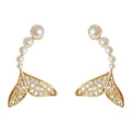 Gold Pearl Arc Fish Tail Zircon Stud Earrings Pair view 5