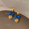 Gold Square Stud Blue Bow Heart Charm Drop Earrings Pair view 3