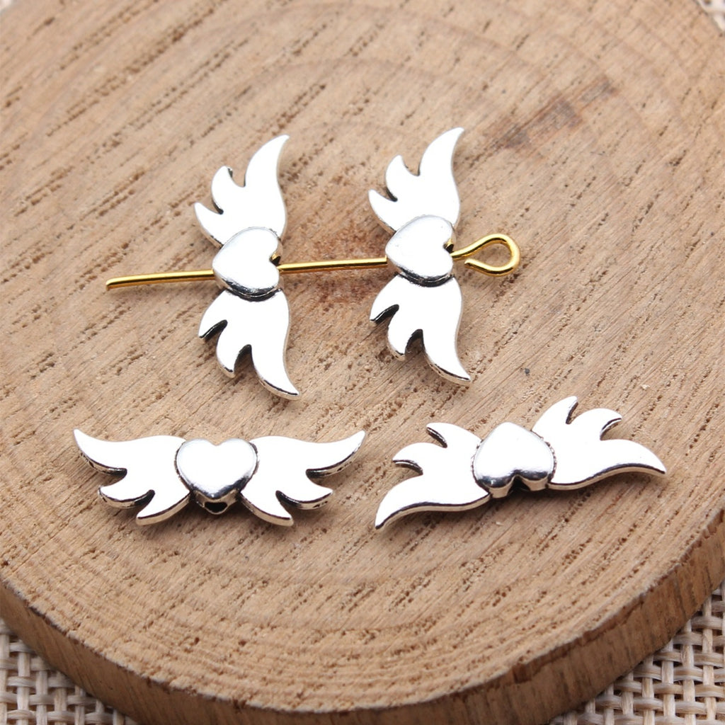 20x7.7mm 0.84g Antique Silver Zinc Alloy Heart Wing Loose Metal Beads for Bracelet Necklace DIY Making