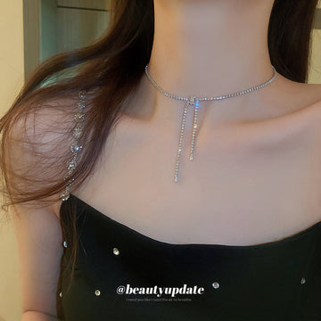 Silver Rhinestone Bow Choker Necklace Dual Drop Tassels