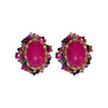Pink Oval Crystal Vintage Style Stud Earrings with Polished Metal Accents view 5