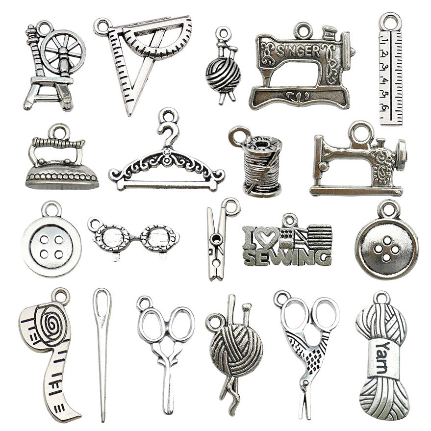 Antique Silver Zinc Alloy Scissors Sewing Machine Button Charm Pendant for DIY Jewelry