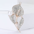 Crystal Double Leaf Stem Brooch with White Pearl Accents view 2