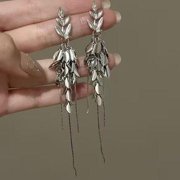 Silver Leaf Cluster Clip On Earrings With Long Chain Fringe