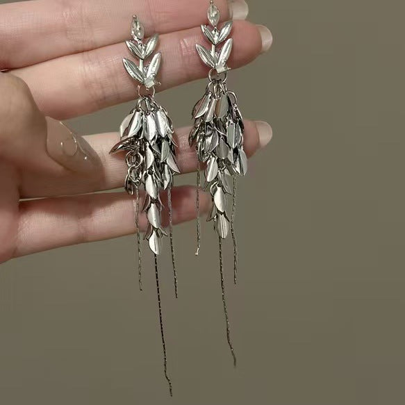 Silver Leaf Cluster Clip On Earrings With Long Chain Fringe