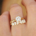 Round Clear Solitaire Leaf Band Stackable Ring Set Pair view 2