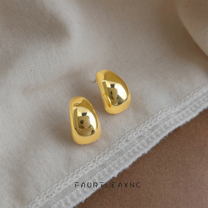 Gold Polished Teardrop Stud Earrings Smooth Bean Shape Pair