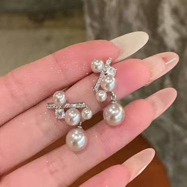 Silver Floral Branch And Pearl Drop Stud Earrings With Crystals