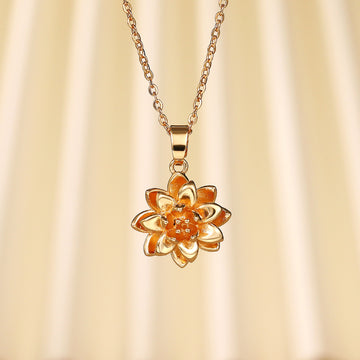 Orange Floral Crystal Pendant Necklace in Gold Tone