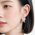 Silver-Tone Textured Double Flower Clear Stone Stud Earrings view 2