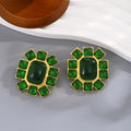Gold Geometric Stud Earrings Red and Green Cabochon Frames view 2
