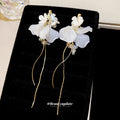 White Flower Pearl Tassel Earrings With Gold-Tone Settings view 2