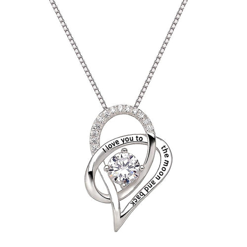 Angled detail view of silver tone layered heart pendant necklace with clear stones