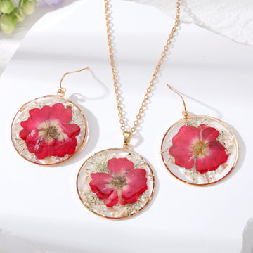 Gold Tone Pressed Red Flower Necklace and Hook Earring Options