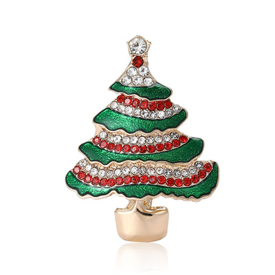 Main front view of Green And Red Crystal Christmas Tree Brooch With Gold Tone Base
