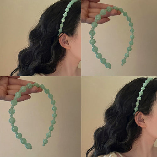 Mint green acrylic bead headband worn and held four-panel collage