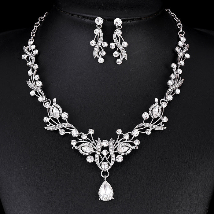 Black Silver Tone Crystal Floral Scroll Crystal Two Designs Metal Necklace and Earring Set