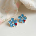 Gold Tone Aqua Flower Red Ladybug Stud Earrings For Women view 1