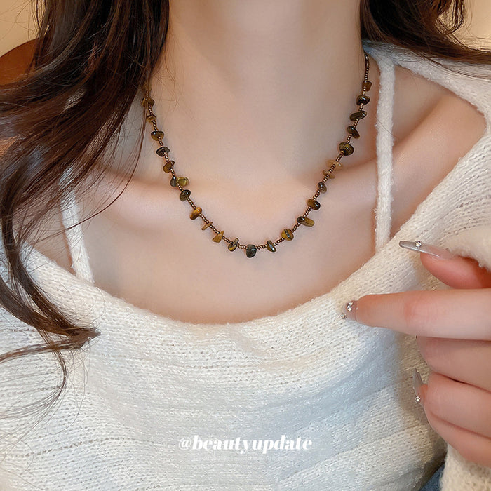 Tiger Eye Chip Bead Necklace Brown Cord Gold Clasp