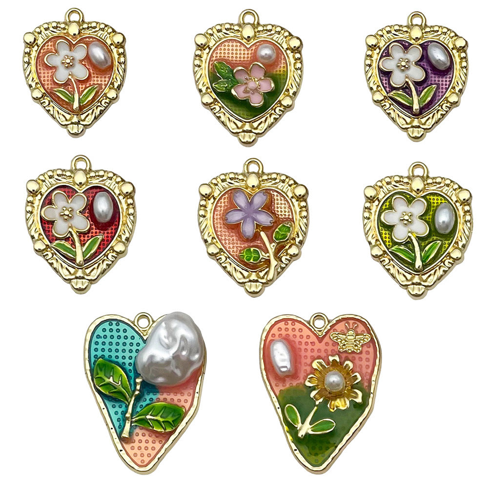 Zinc Alloy Enamel Heart Oil Painting Flower Charm Pendant for DIY Earrings Necklace