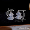 Silver Tone Double Fan Geometric Stud Earrings with Clear Stone Accents view 4