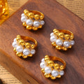 Gold Bead Cluster Ring White Shell Pearls Openwork Band Metal view 4
