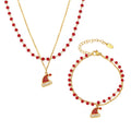 Double Layer Garnet Christmas Hat Necklace and Bracelet in Gold Tone view 5