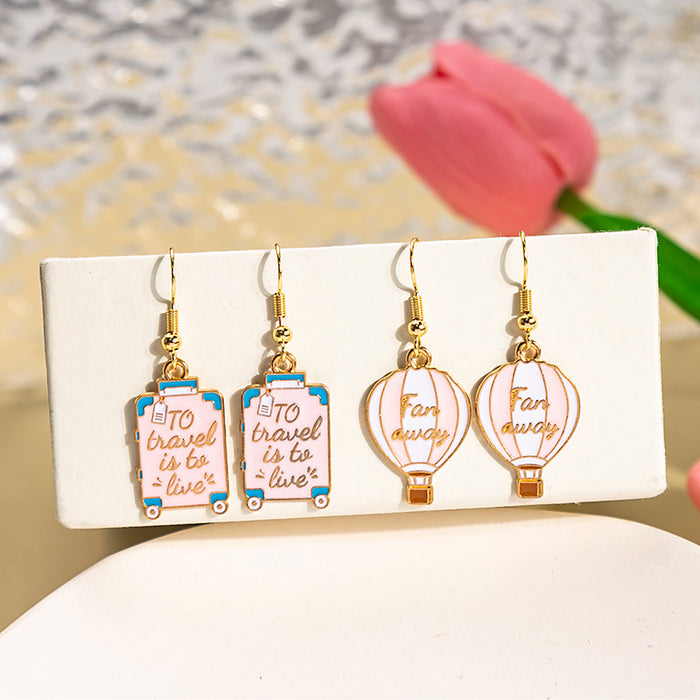 Pink Enamel Suitcase and Air Balloon Drop Earrings