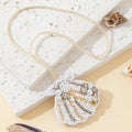 Beaded White Scallop Shell Pendant Necklace With Rhinestones view 3