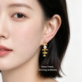 Gold Bamboo Branch Drop Earrings White Pearl Layered Pair view 2