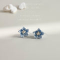 Translucent Blue Five Petal Flower And Pearl Center Stud Earrings view 3