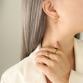 Rose Bloom C-Shaped Metal Hoop Stud Earrings Gold Steel view 4