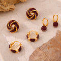 Gold Burgundy Oil Drip Hoop Earrings And Knot Studs view 3
