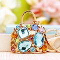 Jeweled Mini Handbag Keychains in Blue and Purple with Gold Tone Hardware view 1