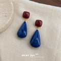 Burgundy Cube Blue Teardrop Resin Drop Earrings Pair view 1