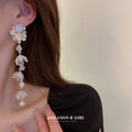 White Floral Pearl Leaf Tassel Earrings Polished Metal Jewelry view 2