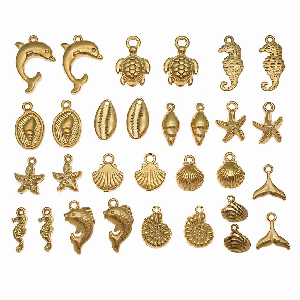 Gold Stainless Steel Mermaid Turtle Conch Dolphin Charm Pendant for DIY Ocean Jewelry