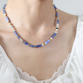 Blue Chalcedony Tube Bead Pearl Gold Station Necklace view 6