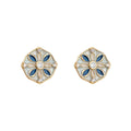 Gold Blue Cream Enamel Hexagon Floral Pattern Stud Earrings view 5