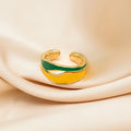 Gold Tone Open Adjustable Ring Yellow Green Enamel Waves view 2