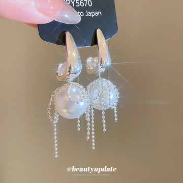 Silver Tone Pearl and Crystal Convertible Drop Earrings