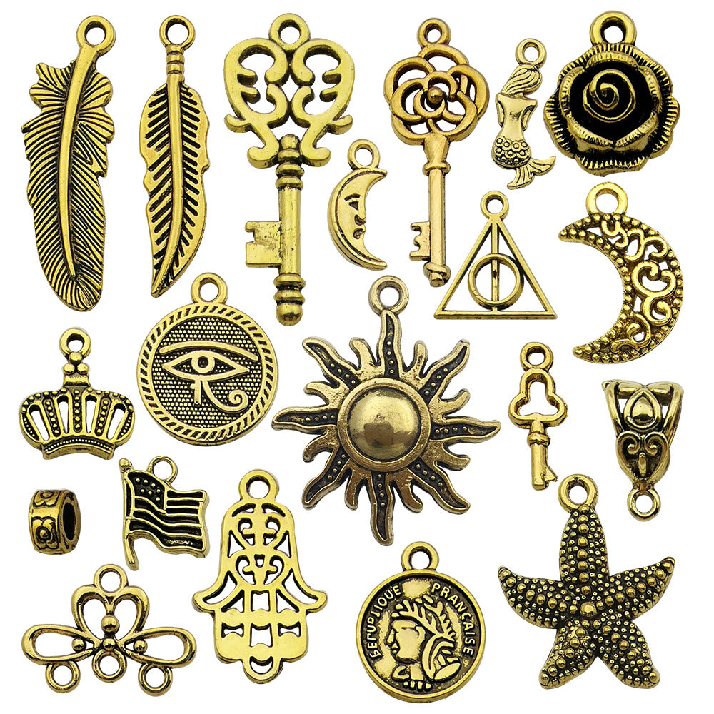 Antique Gold Zinc Alloy Key Starfish Sun Crown Flower Charm Pendant for DIY Jewelry