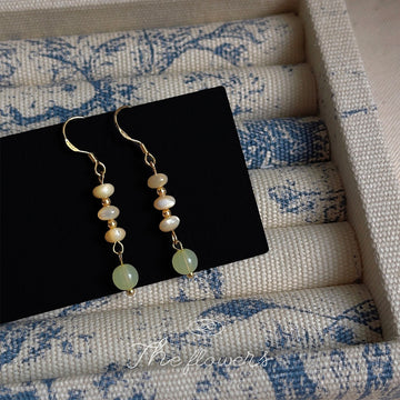 Gold Hook Drop Earrings with Cream Shell and Green Beads