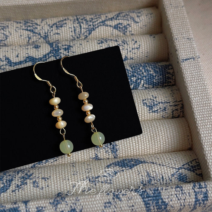 Gold Hook Beaded Drop Earrings Cream Shell Green Bead