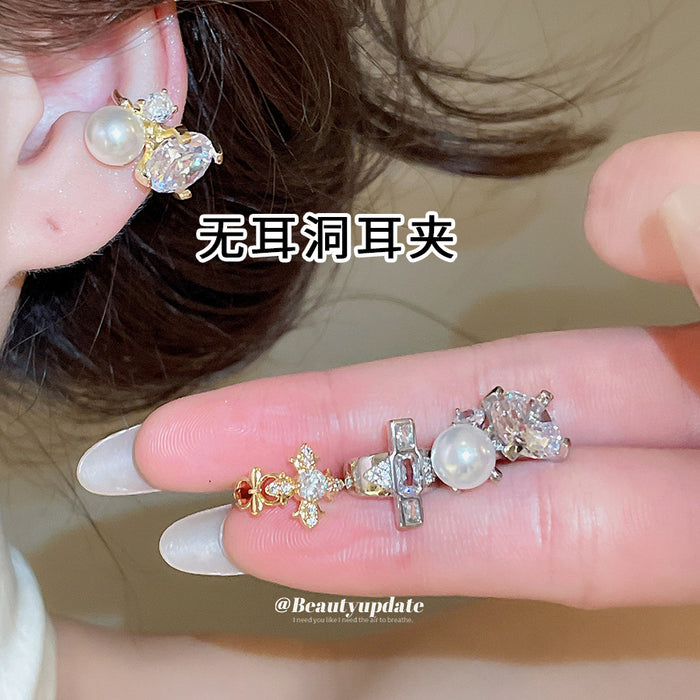 Mixed Crystal Pearl and Cross Ear Cuff Collection in Gold and Silver