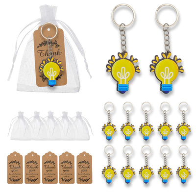 Yellow lightbulb wood keychains with bags and kraft tags