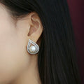 White Gold Tone Teardrop Faux Pearl Clear Halo Stud Earrings view 3
