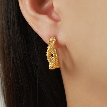 Gold Steel Twisted Rope C-Shape Stud Earrings Open Hoops